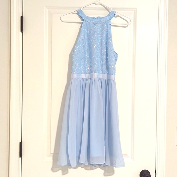 High neck sequin tulle cocktail dress homecoming dress prom dress light blue ice - Picture 4 of 6